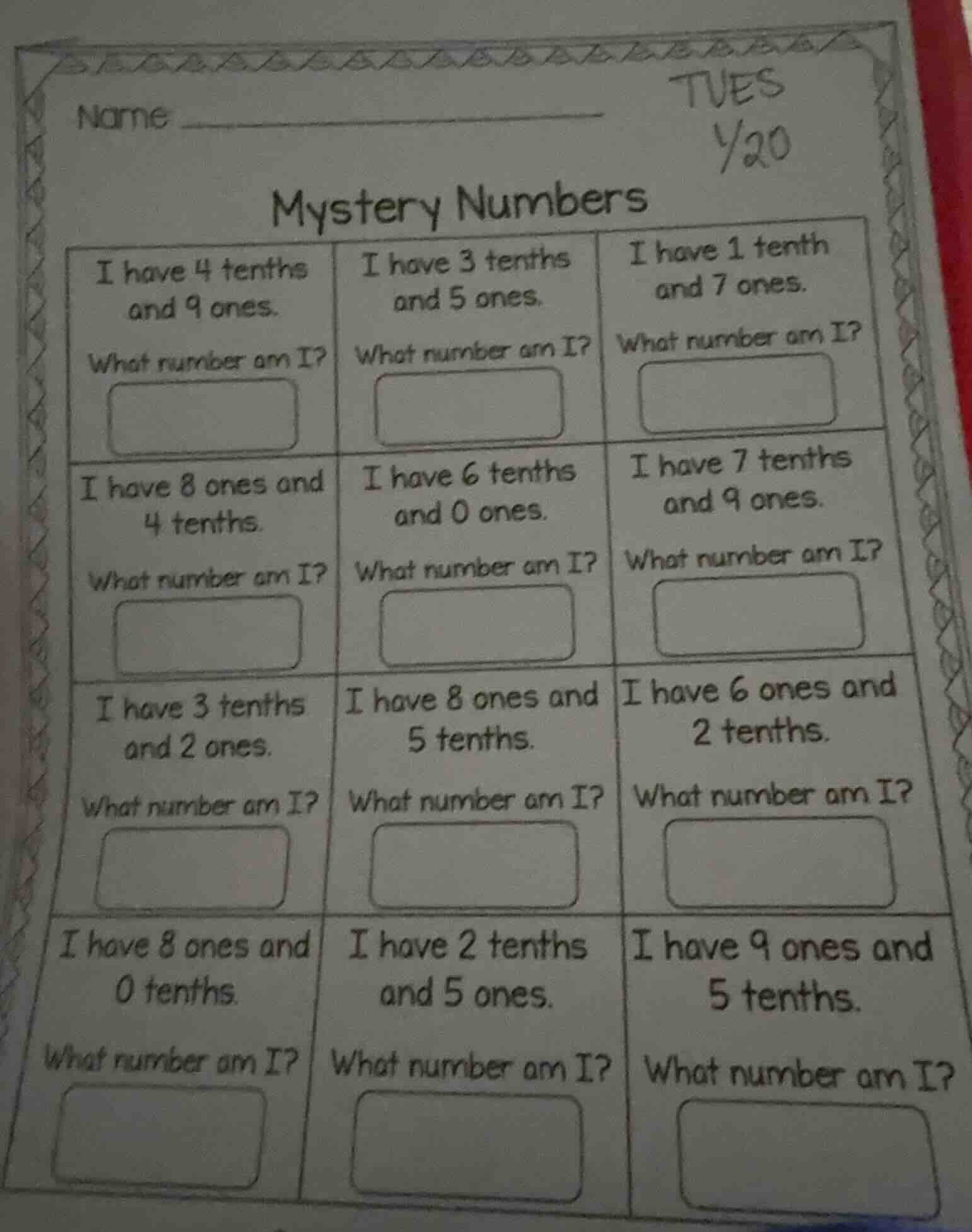 name mystery numbers i have 4 tenths and 9 ones. what number am i? i ha…