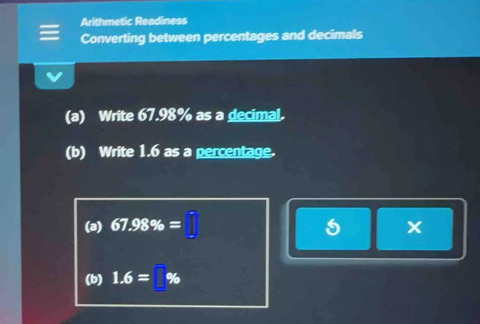 arithmetic readiness converting between percentages and decimals (a) wr…