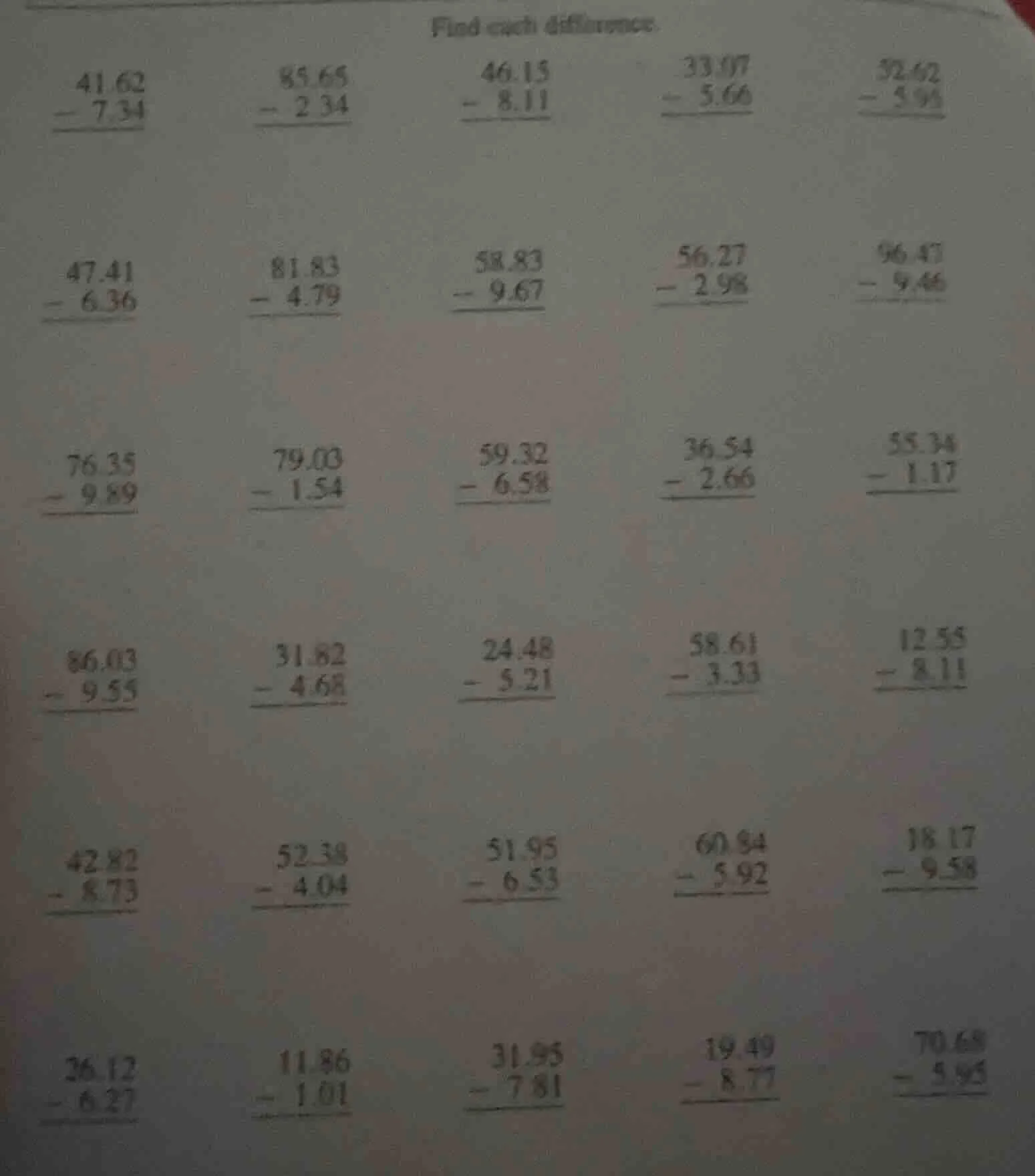 find each difference. \\begin{align*} &\\begin{array}{r} 41.62\\\\ -\\ …