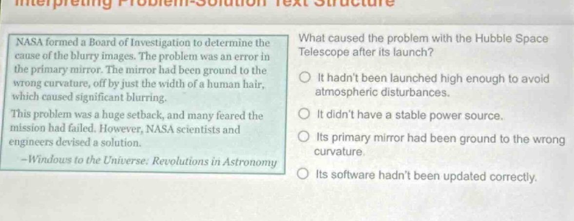 nasa formed a board of investigation to determine the cause of the blur…