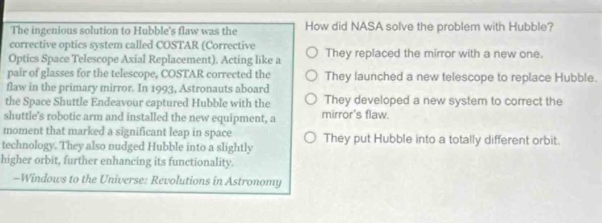 the ingenious solution to hubble’s flaw was the corrective optics syste…