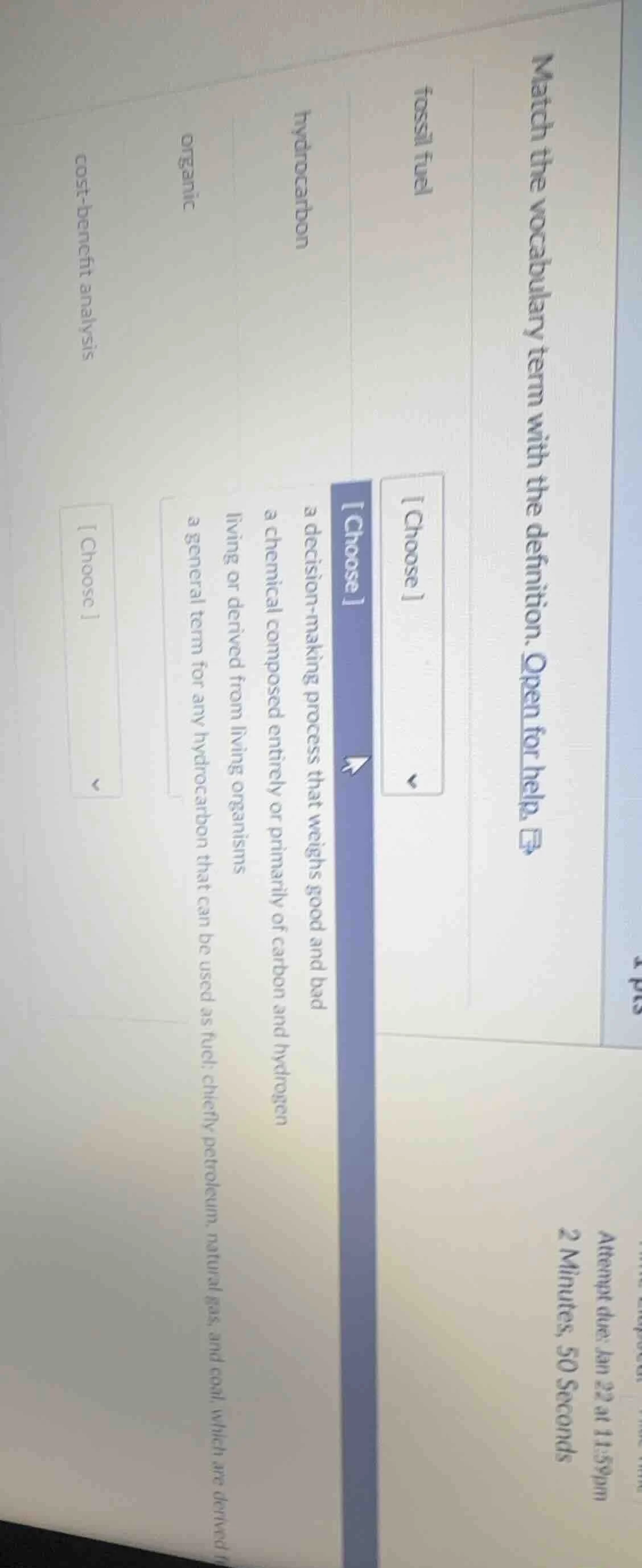 match the vocabulary term with the definition. open for help. fossil fu…