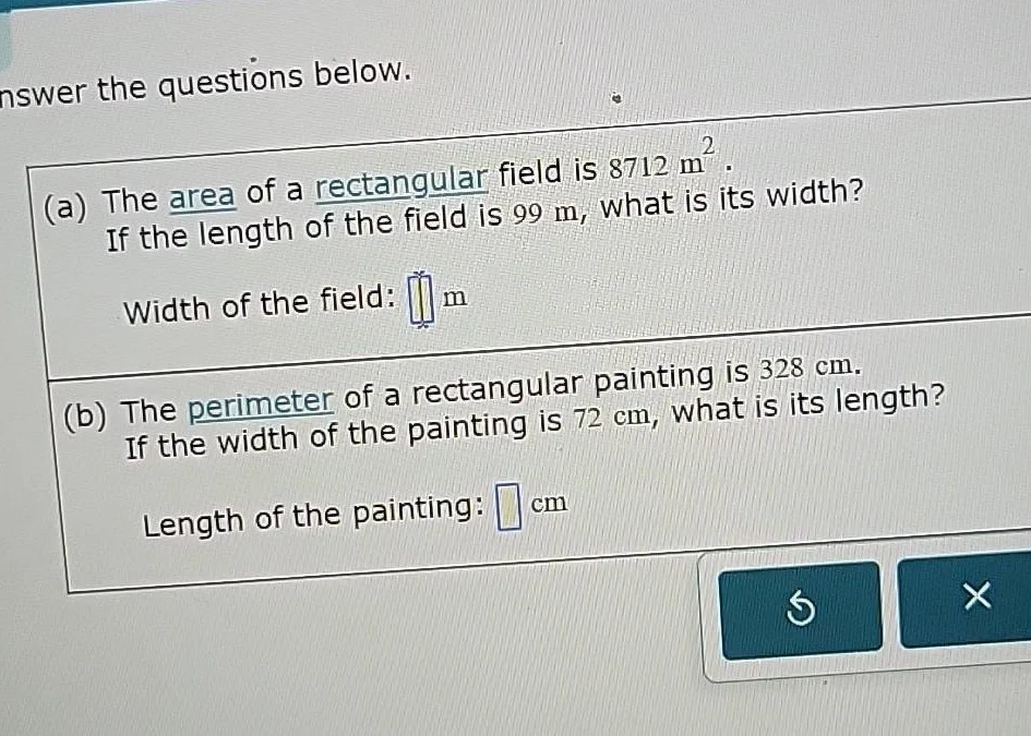 nswer the questions below. (a) the area of a rectangular field is 8712 …