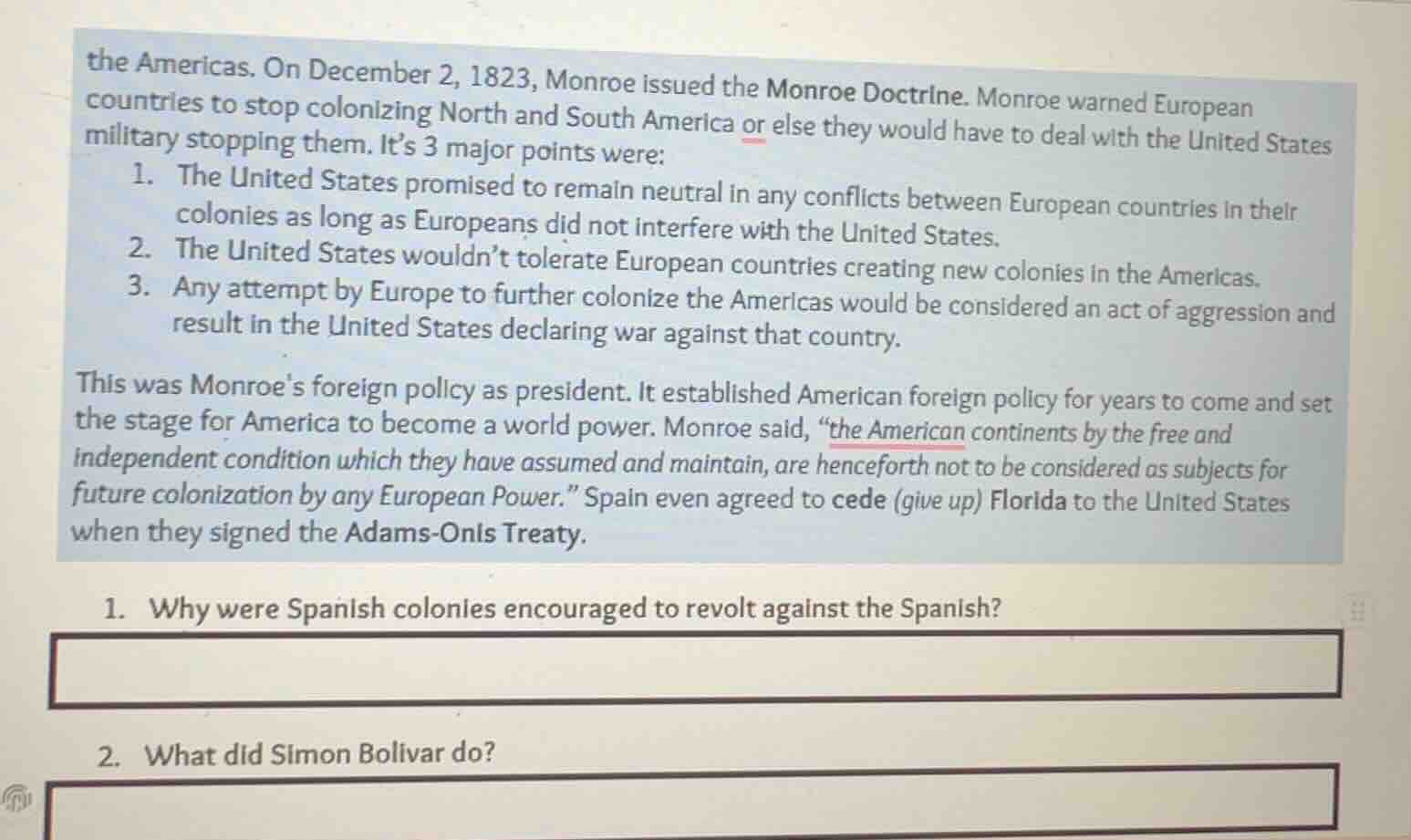the americas. on december 2, 1823, monroe issued the monroe doctrine. m…
