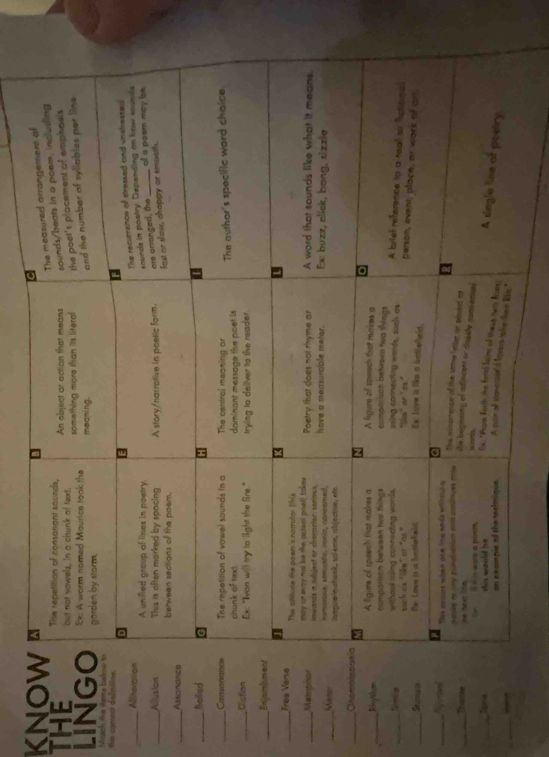 know the lingo match the items below to the correct definitions alliter…