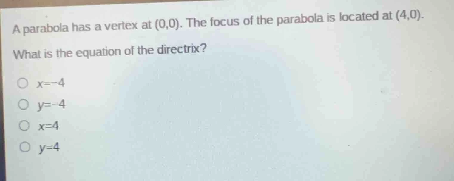 a parabola has a vertex at (0,0). the focus of the parabola is located …