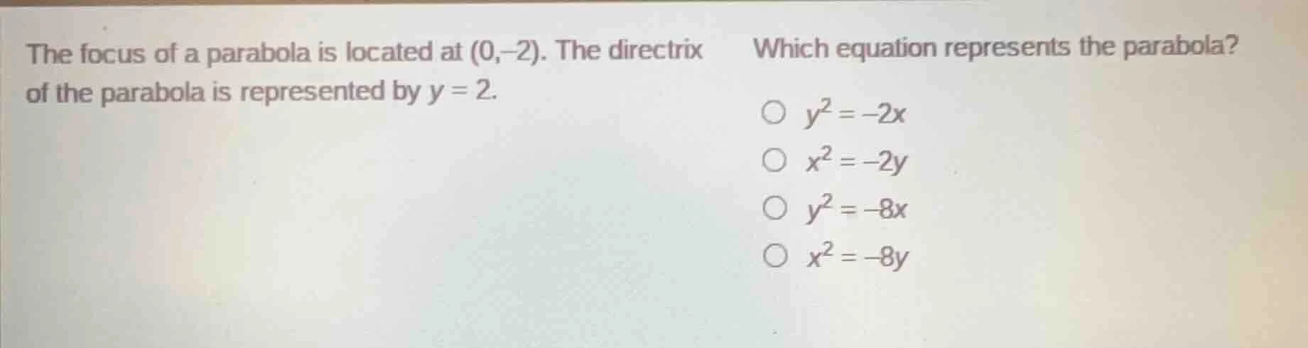 the focus of a parabola is located at (0,−2). the directrix of the para…