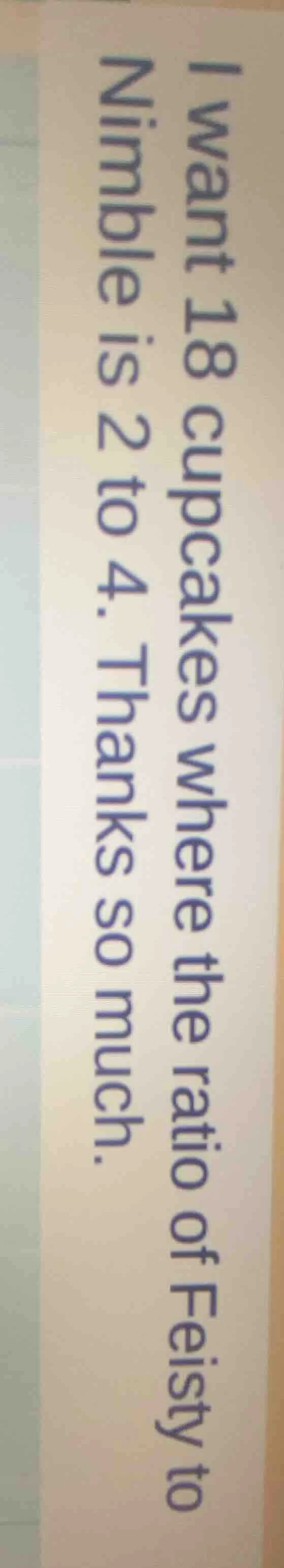 i want 18 cupcakes where the ratio of feisty to nimble is 2 to 4. thank…