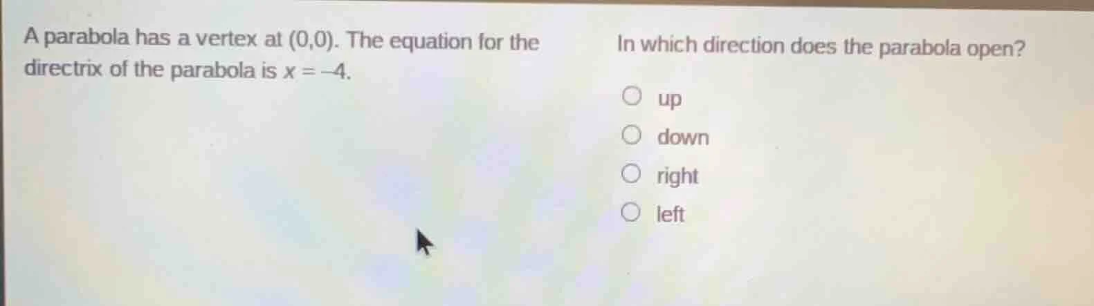 a parabola has a vertex at (0,0). the equation for the directrix of the…