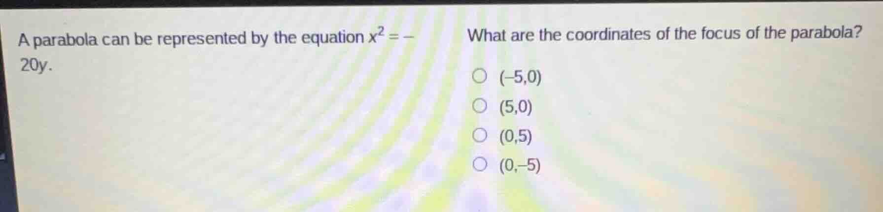 a parabola can be represented by the equation $x^{2} = -20y$. what are …