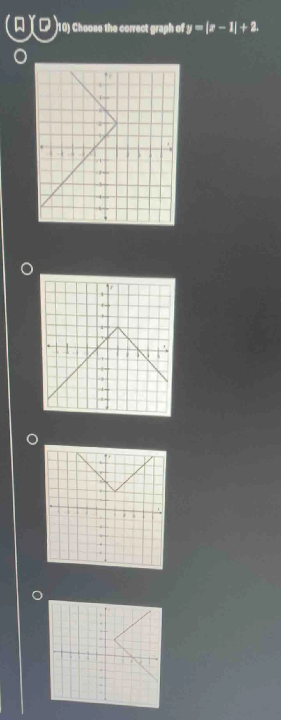 10) choose the correct graph of $y = |x - 1| + 2$.