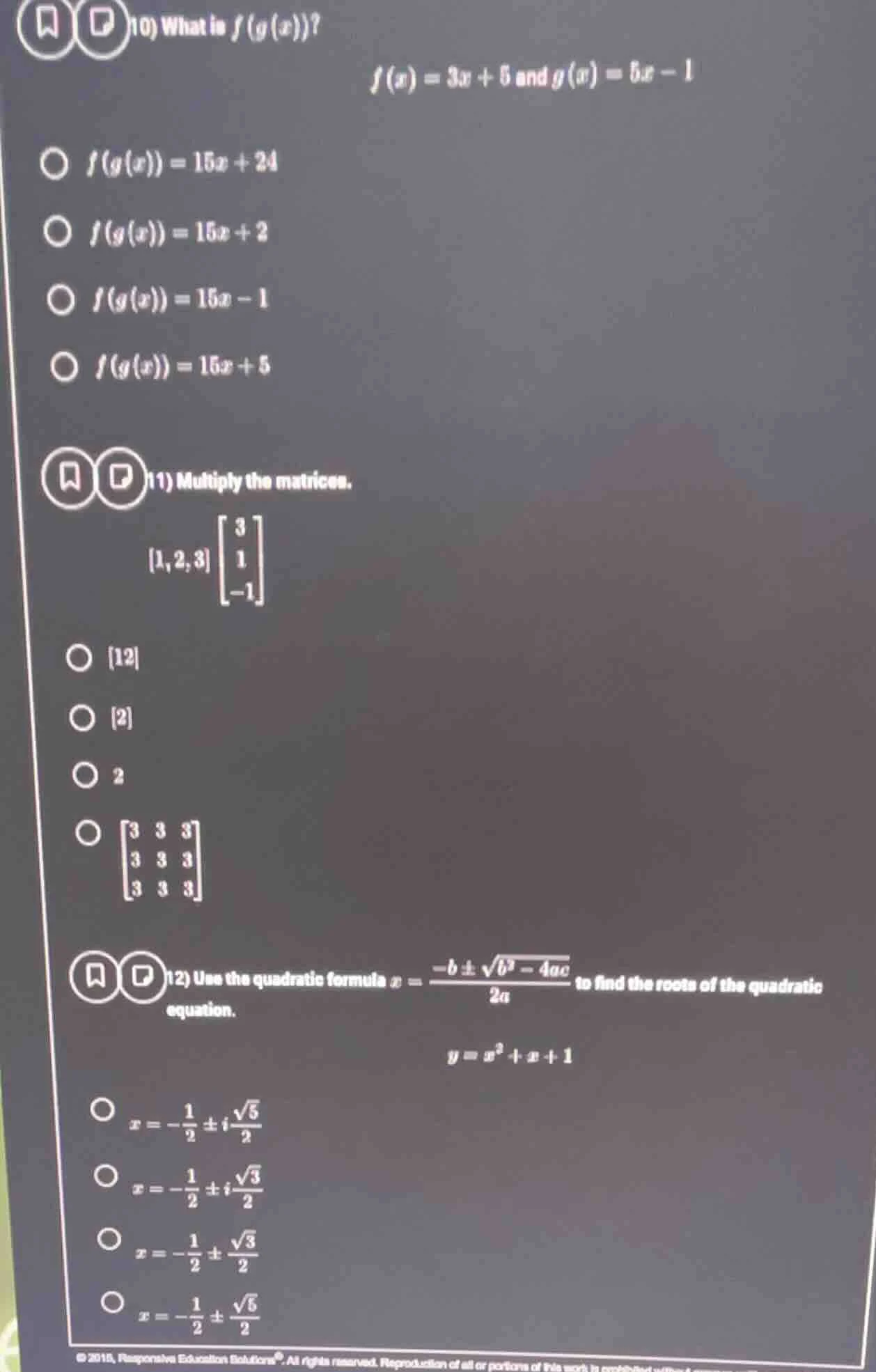 10) what is $f(g(x))$? $f(x) = 3x + 5$ and $g(x) = 5x - 1$ $\\bigcirc$ …