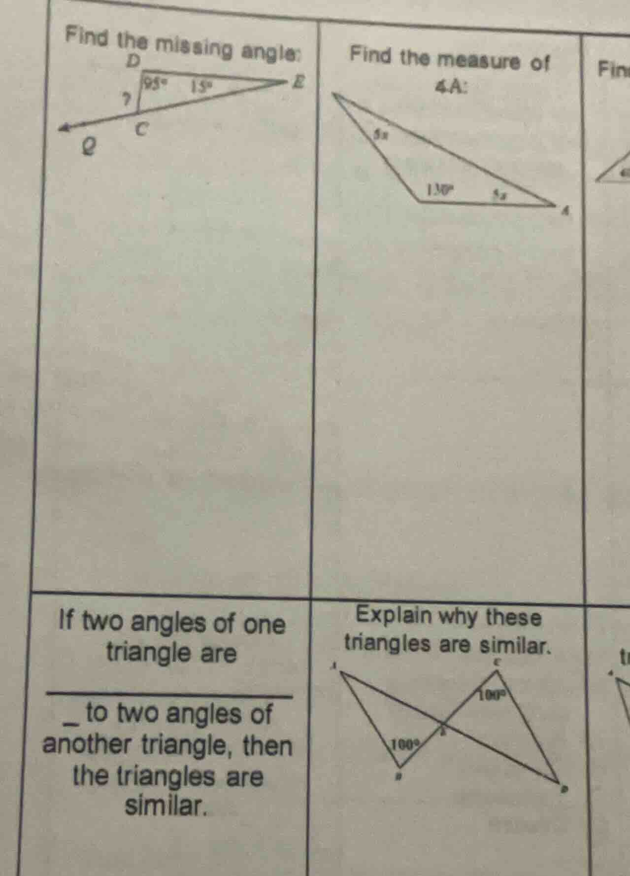 find the missing angle: find the measure of ∠a: if two angles of one tr…