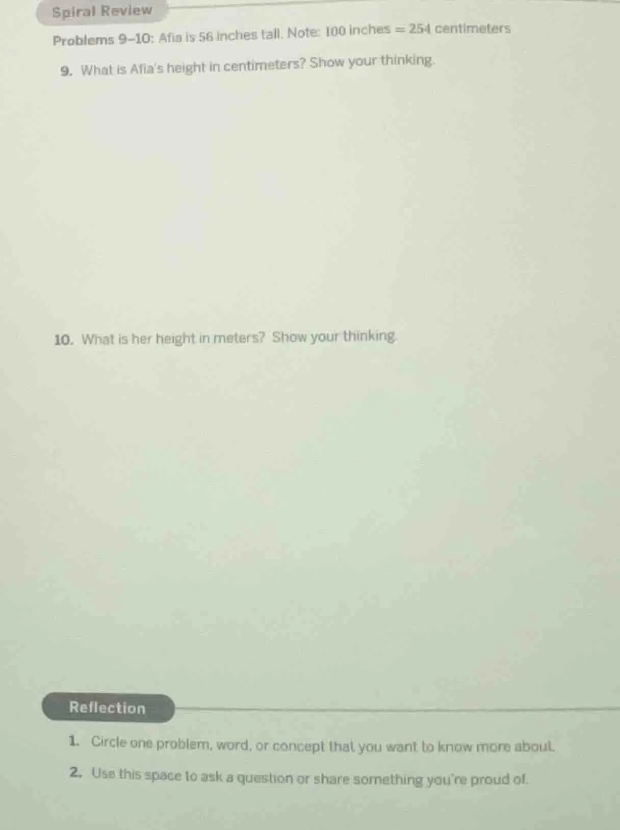 spiral review problems 9–10: afia is 56 inches tall. note: 100 inches =…