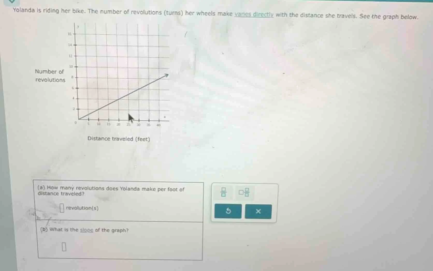 yolanda is riding her bike. the number of revolutions (turns) her wheel…