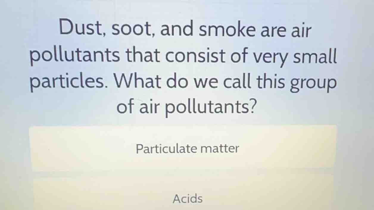 dust, soot, and smoke are air pollutants that consist of very small par…
