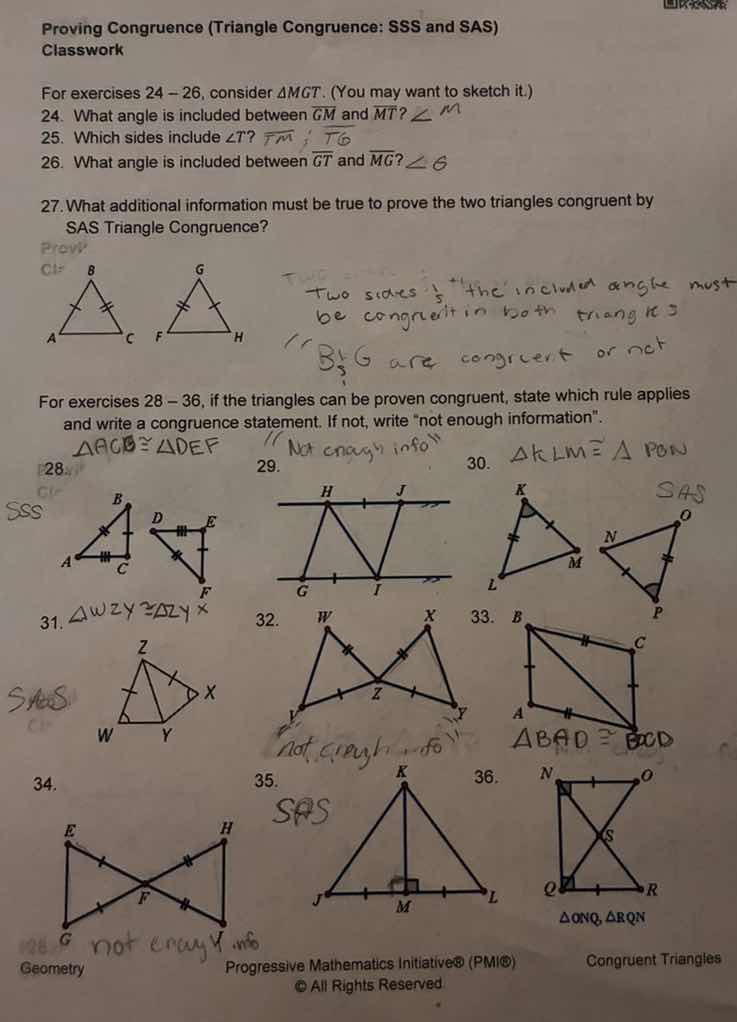 proving congruence (triangle congruence: sss and sas) classwork for exe…