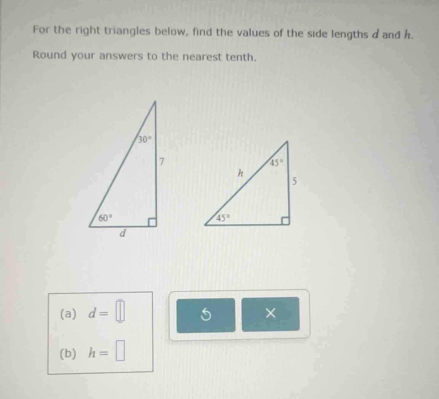 for the right triangles below, find the values of the side lengths d an…