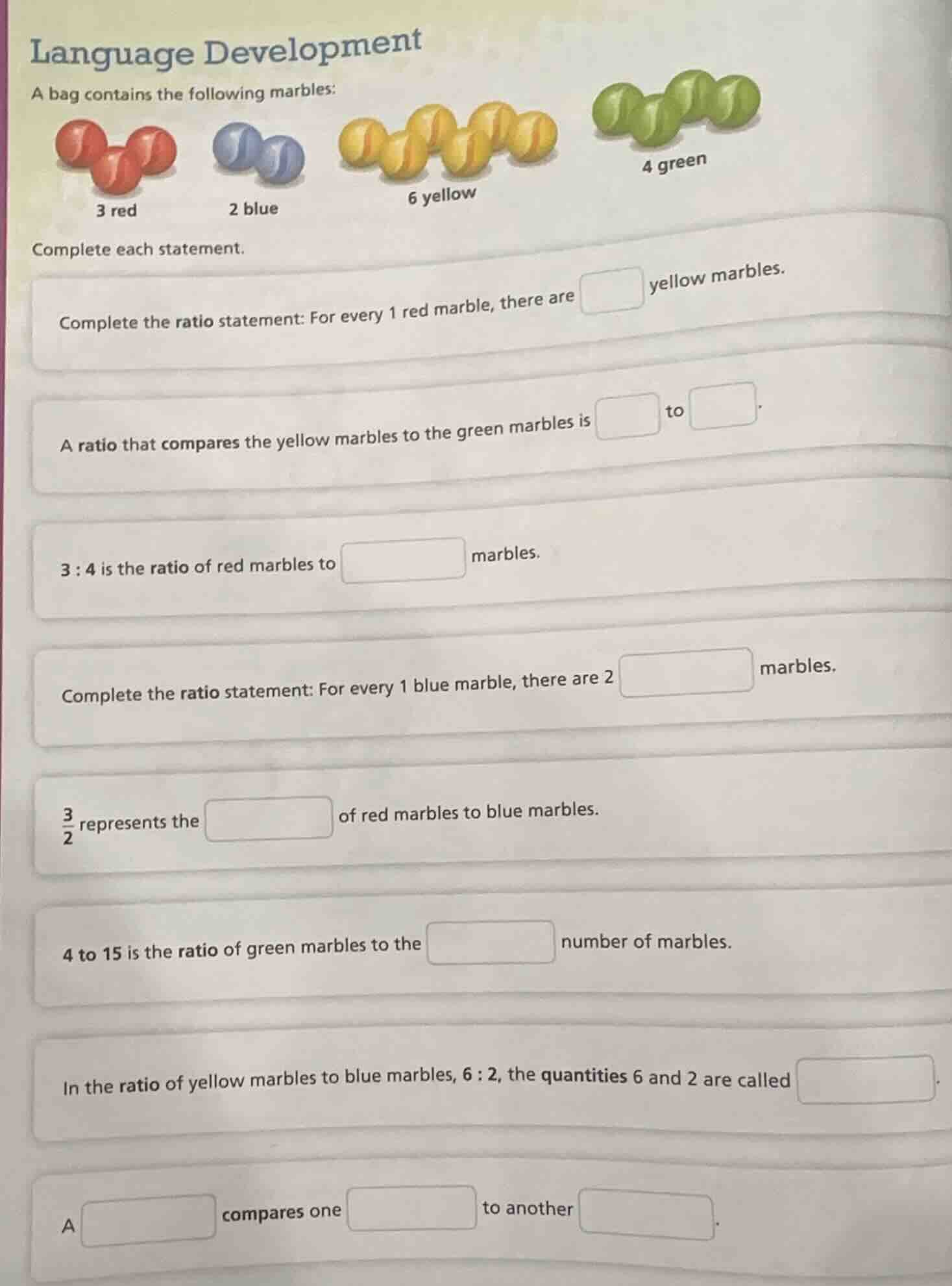 language development a bag contains the following marbles: complete eac…