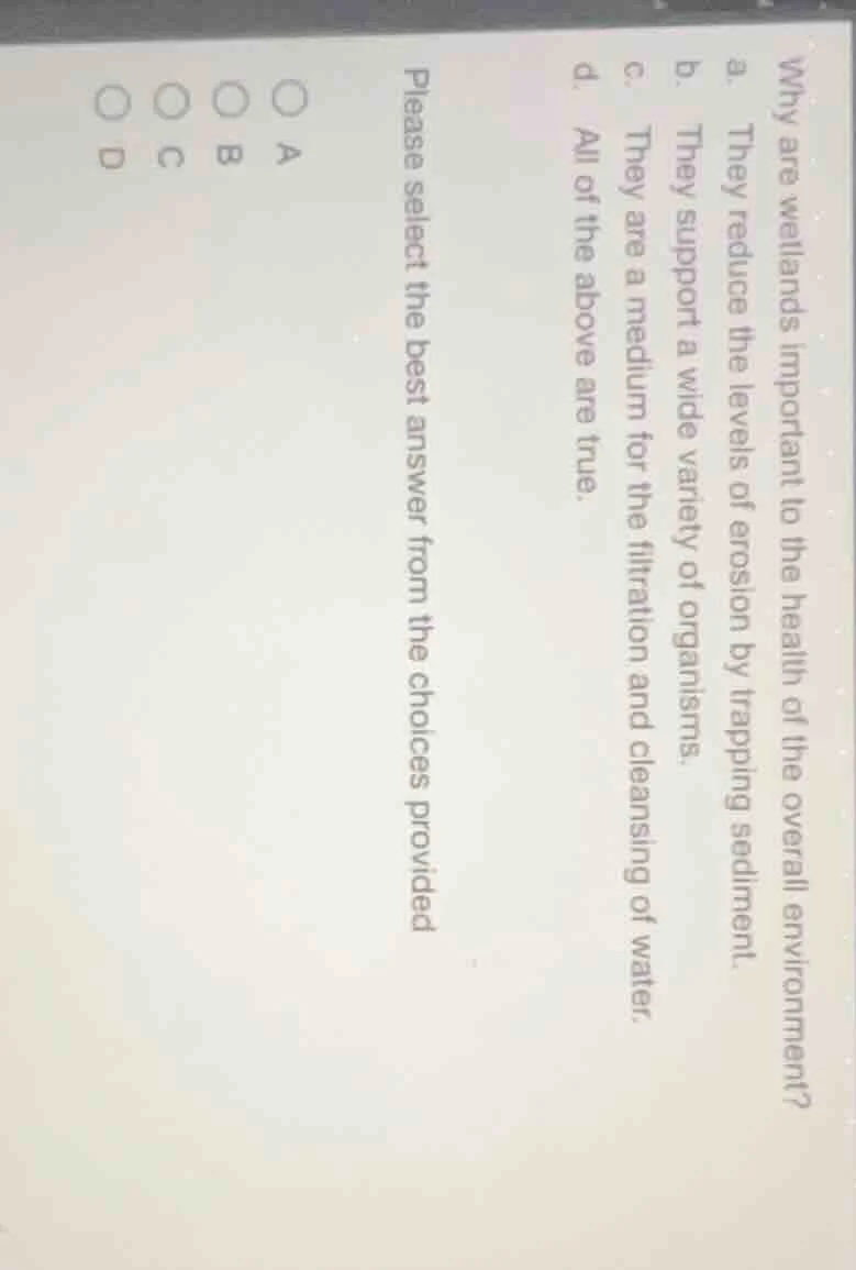 why are wetlands important to the health of the overall environment? a.…