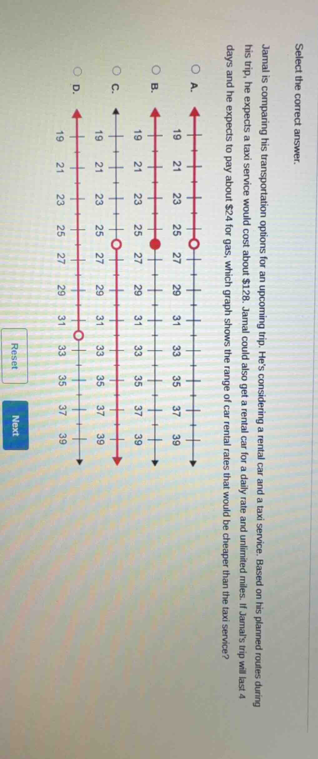 select the correct answer. jamal is comparing his transportation option…