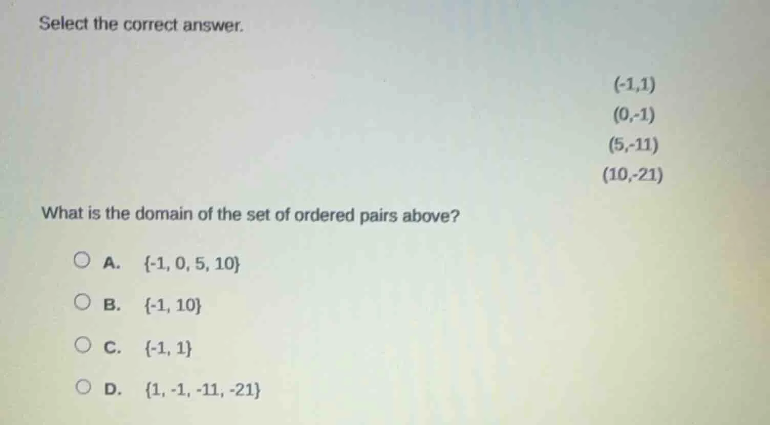 select the correct answer. (-1,1) (0,-1) (5,-11) (10,-21) what is the d…