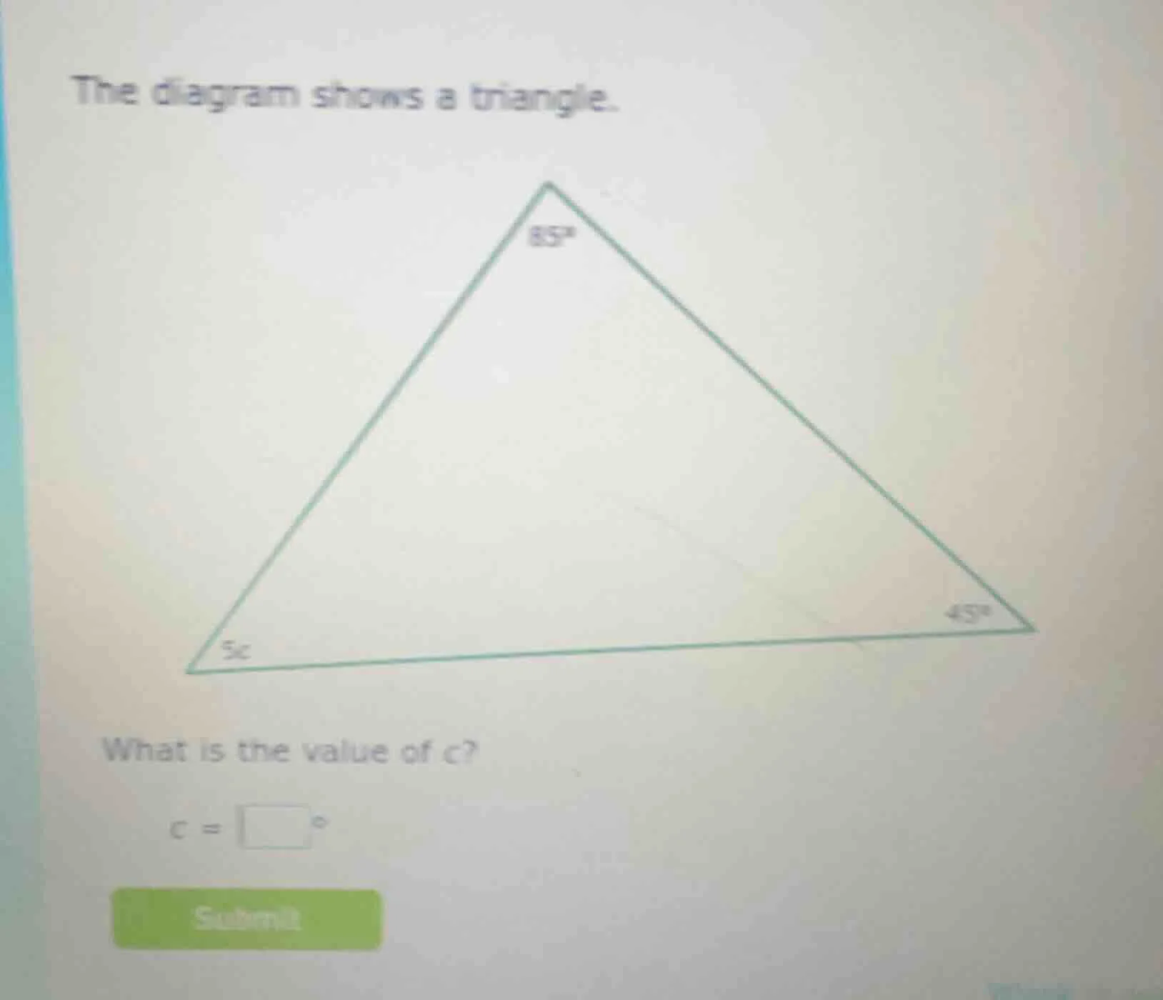 the diagram shows a triangle. what is the value of c? c = \\(\\square\\…