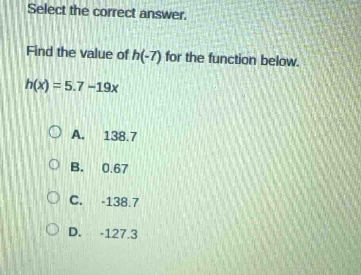 select the correct answer. find the value of h(-7) for the function bel…