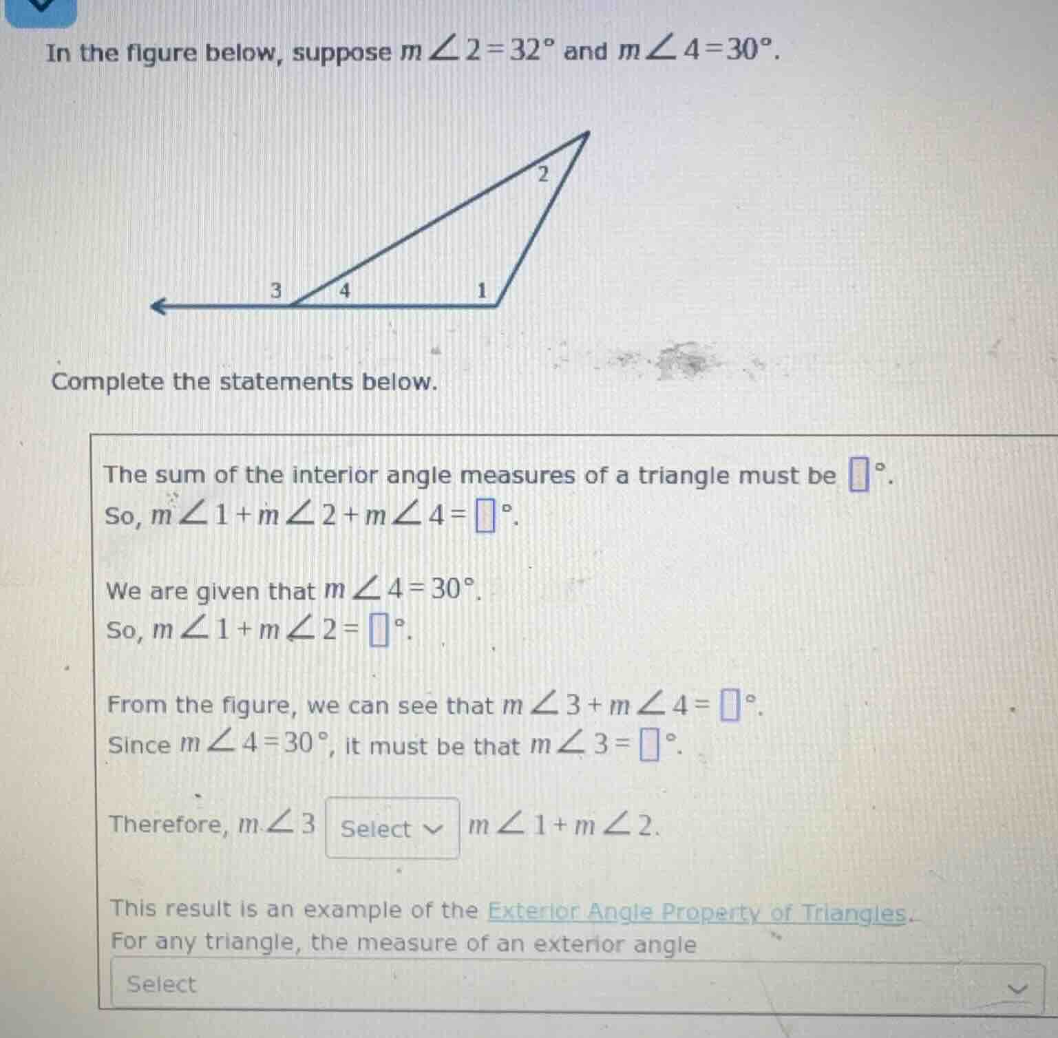 in the figure below, suppose ( mangle2 = 32^circ ) and ( mangle4 = 30^c…