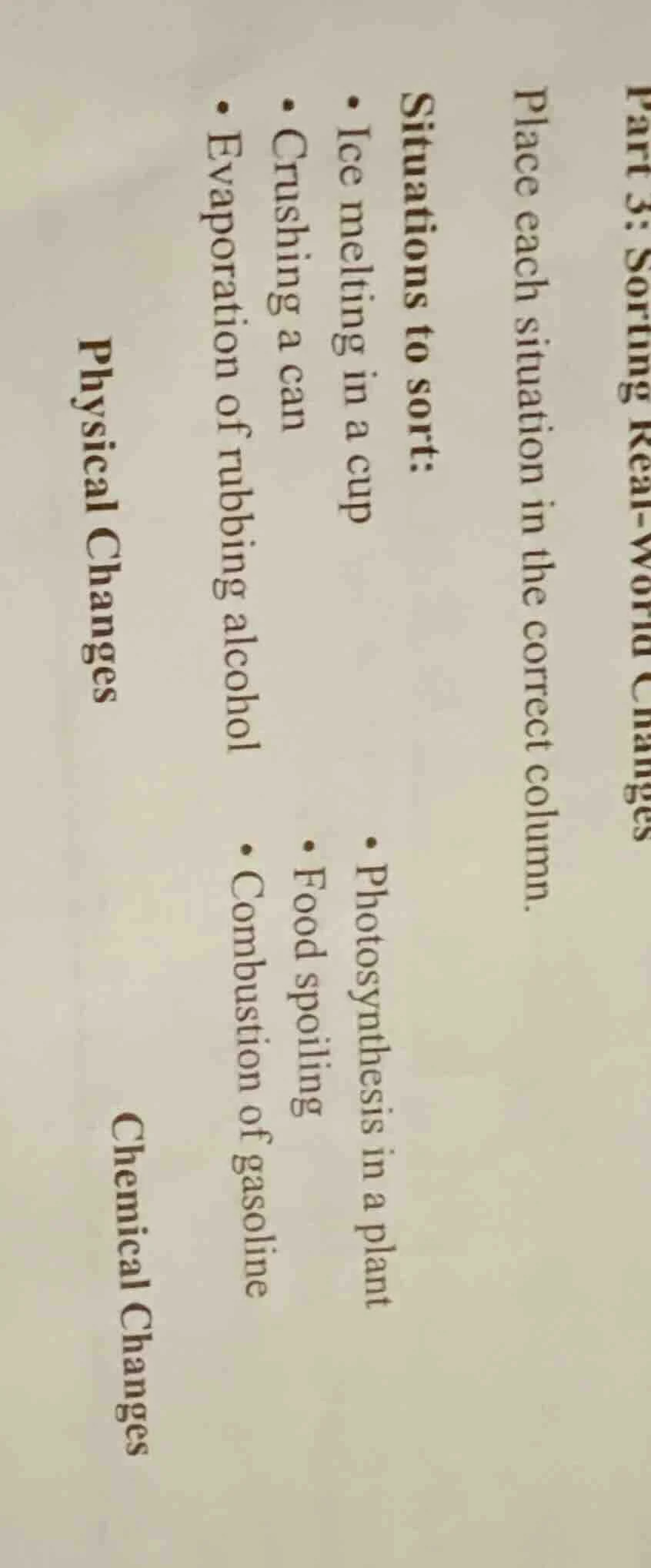 part 3: sorting real - world changes place each situation in the correc…