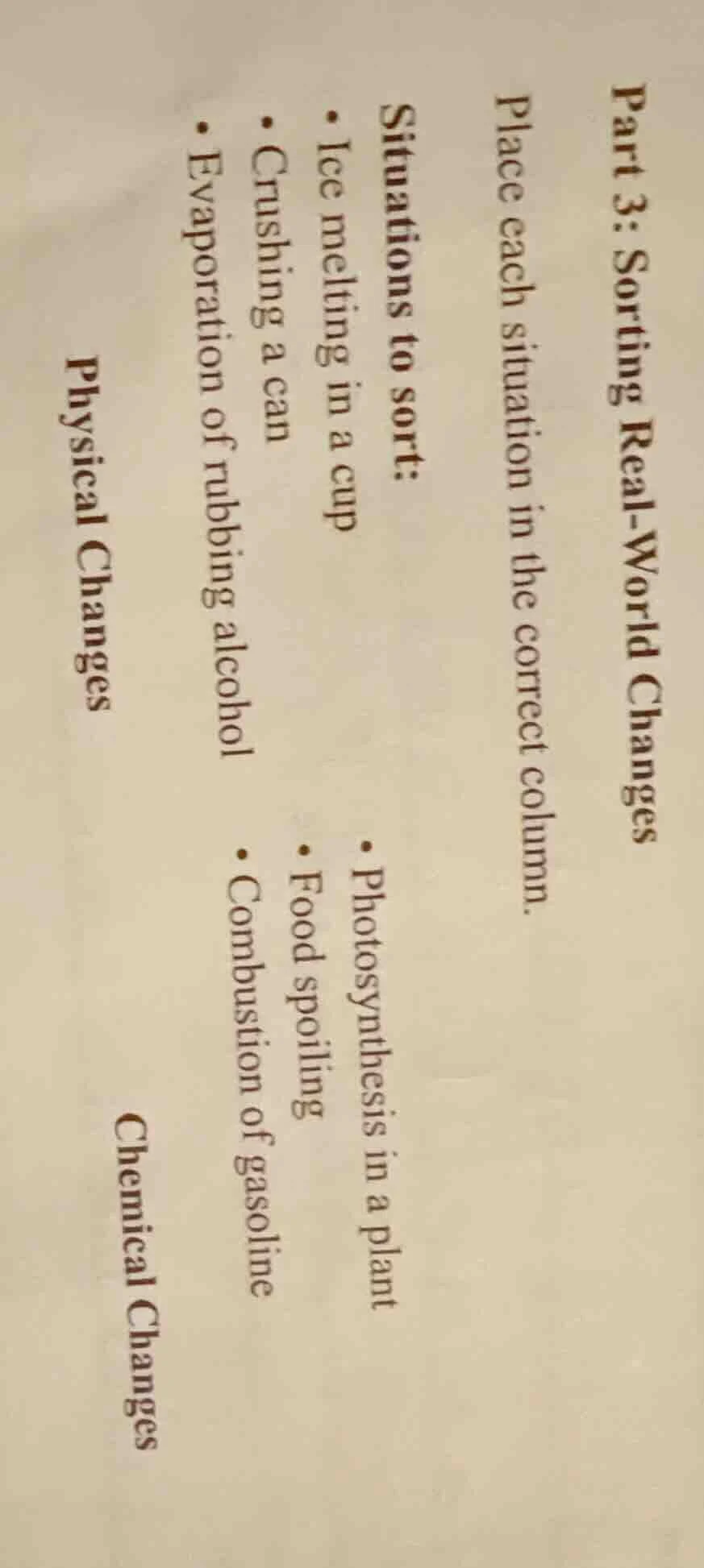 part 3: sorting real - world changes place each situation in the correc…