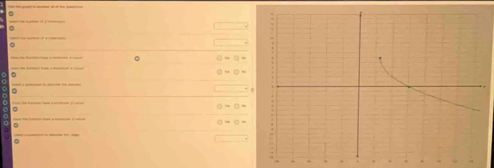 use the graph to answer all of the questions select the number of y - i…