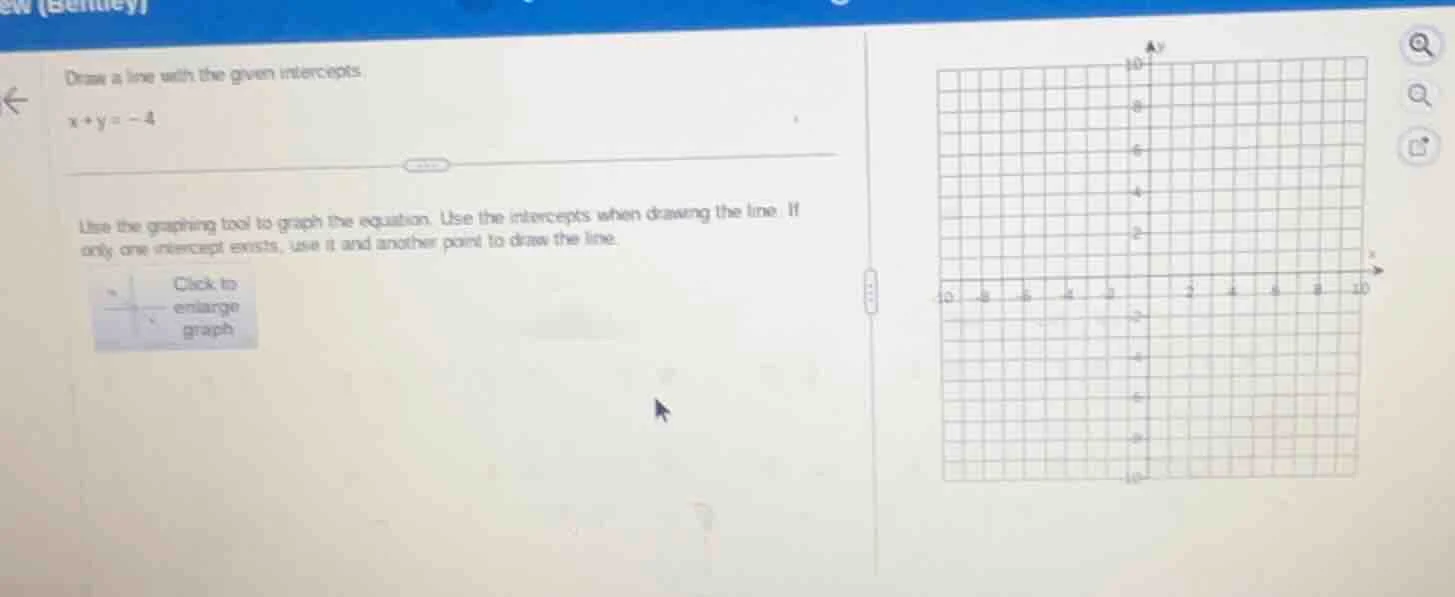draw a line with the given intercepts. x + y = -4 use the graphing tool…