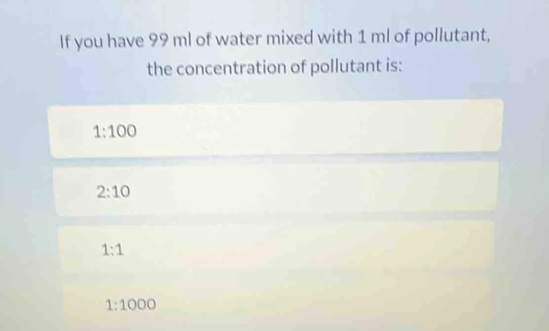 if you have 99 ml of water mixed with 1 ml of pollutant, the concentrat…