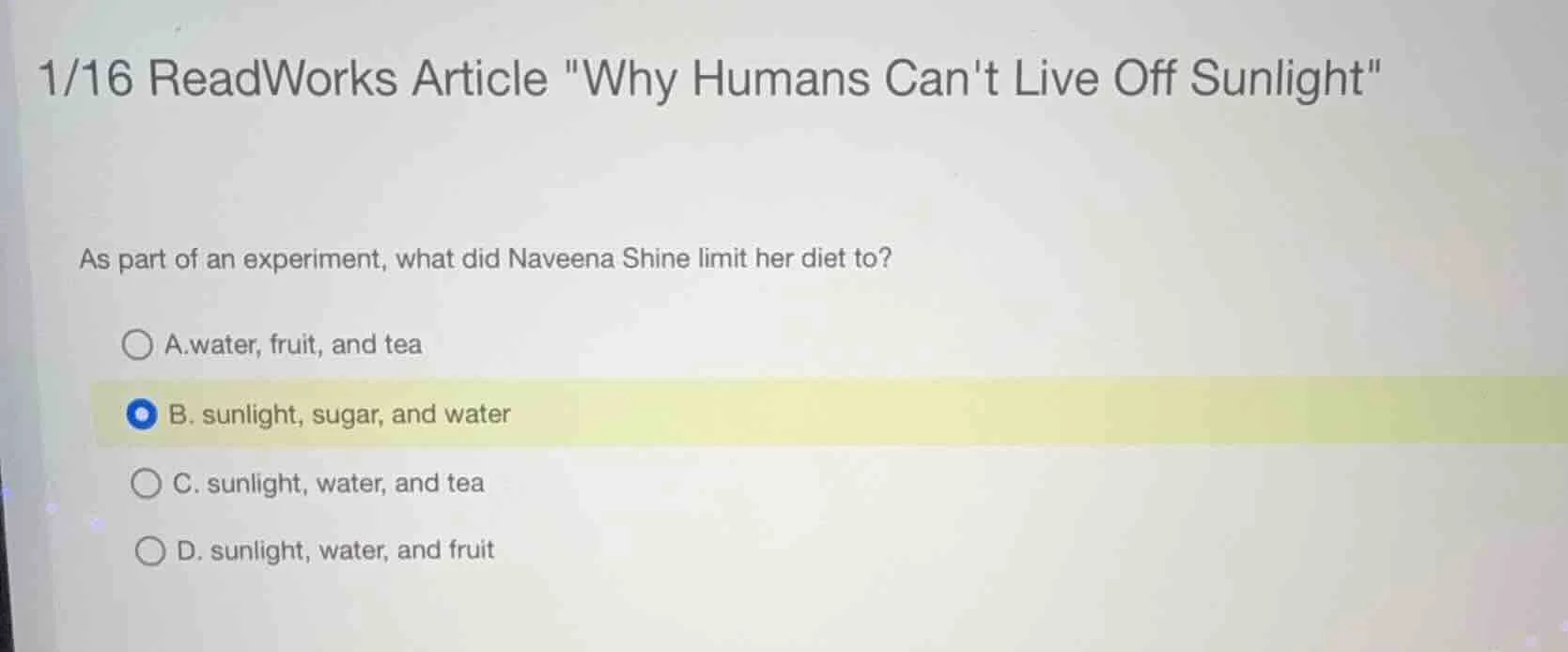 1/16 readworks article \why humans cant live off sunlight\ as part of a…