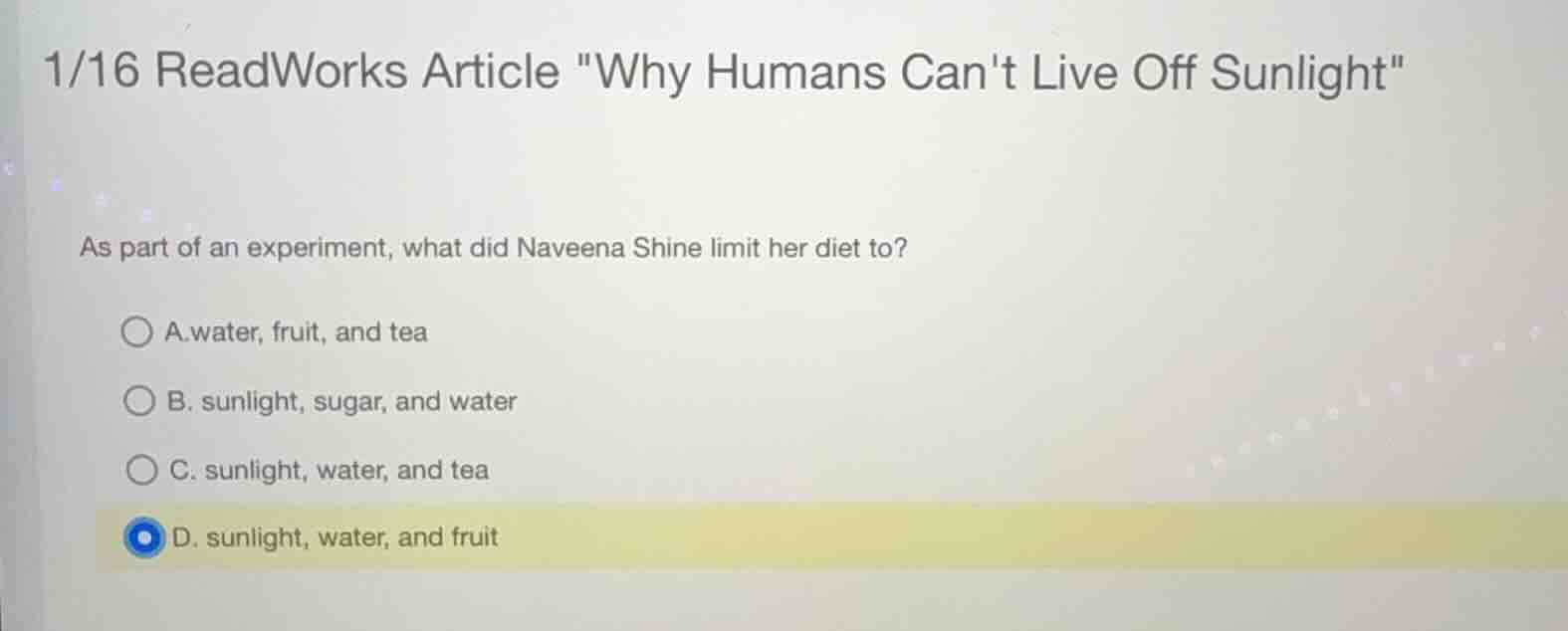 1/16 readworks article \why humans cant live off sunlight\ as part of a…