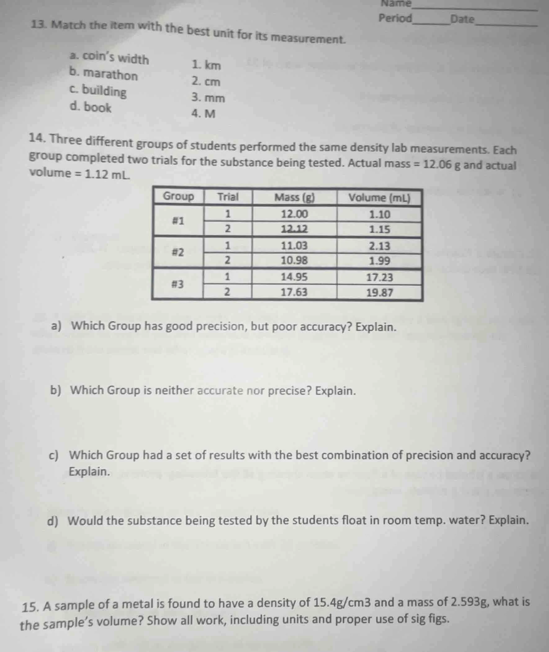 13. match the item with the best unit for its measurement. a. coin’s wi…