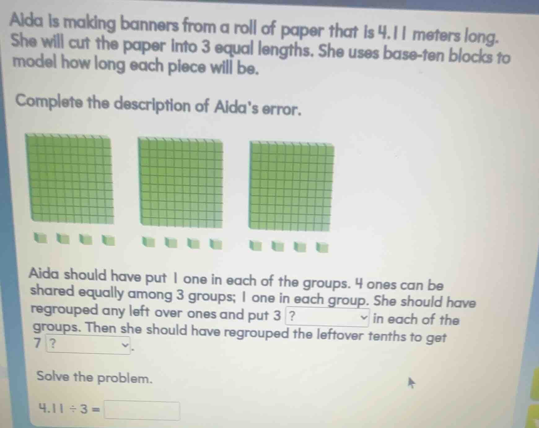 alda is making banners from a roll of paper that is 4.11 meters long. s…