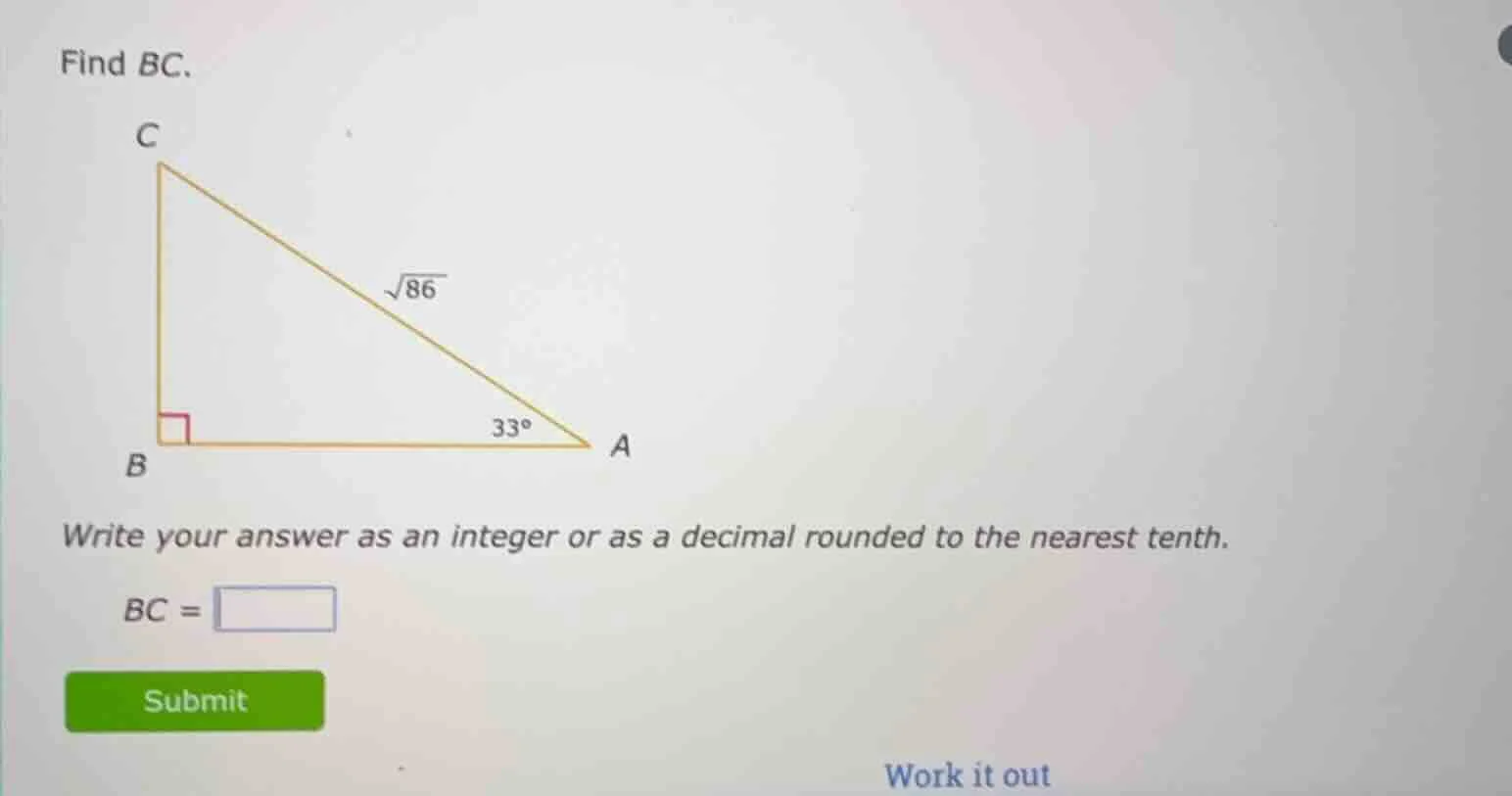 find bc. write your answer as an integer or as a decimal rounded to the…