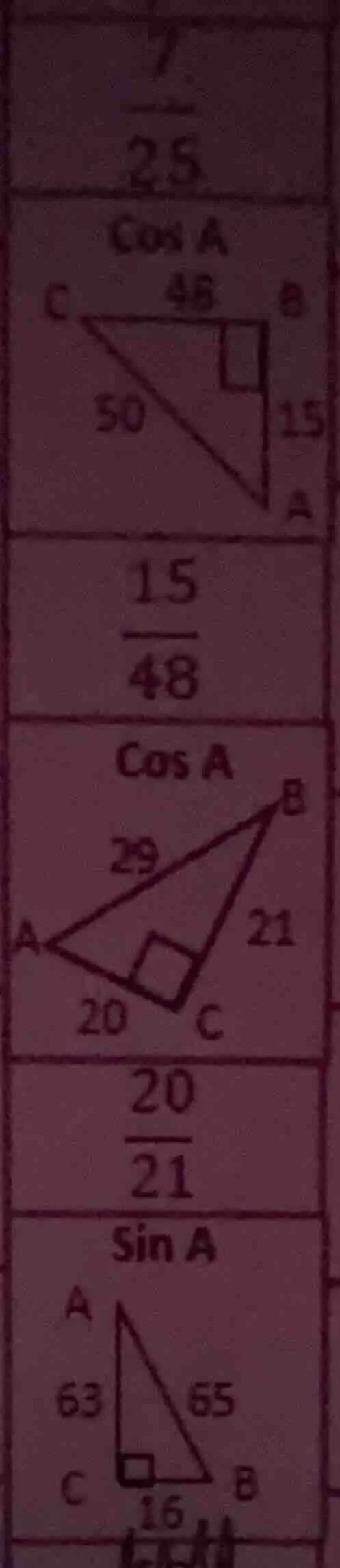 7 25 cos a 48 50 15 15/48 cos a 29 21 20 20/21 sin a 63 65 16
