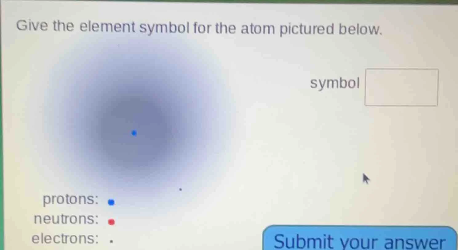give the element symbol for the atom pictured below. symbol protons: ne…