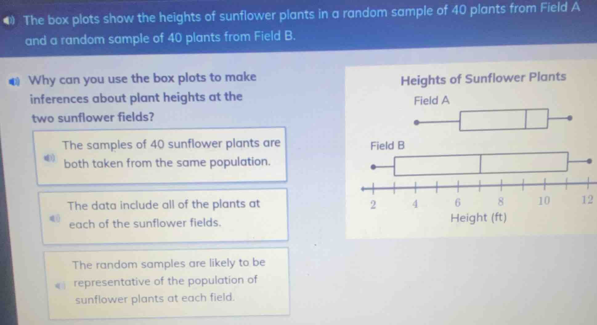 the box plots show the heights of sunflower plants in a random sample o…