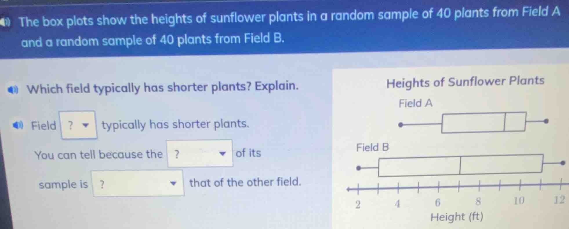 the box plots show the heights of sunflower plants in a random sample o…