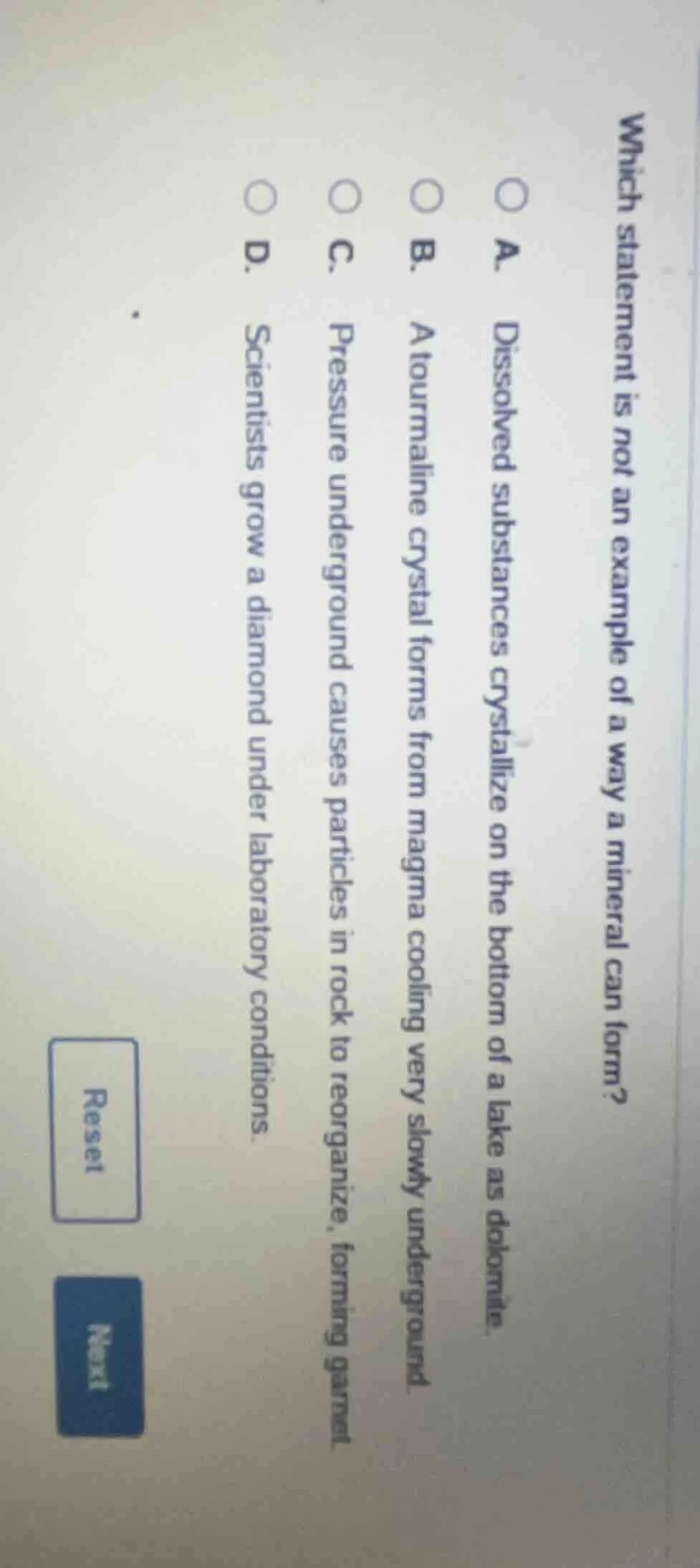 which statement is not an example of a way a mineral can form? a. disso…