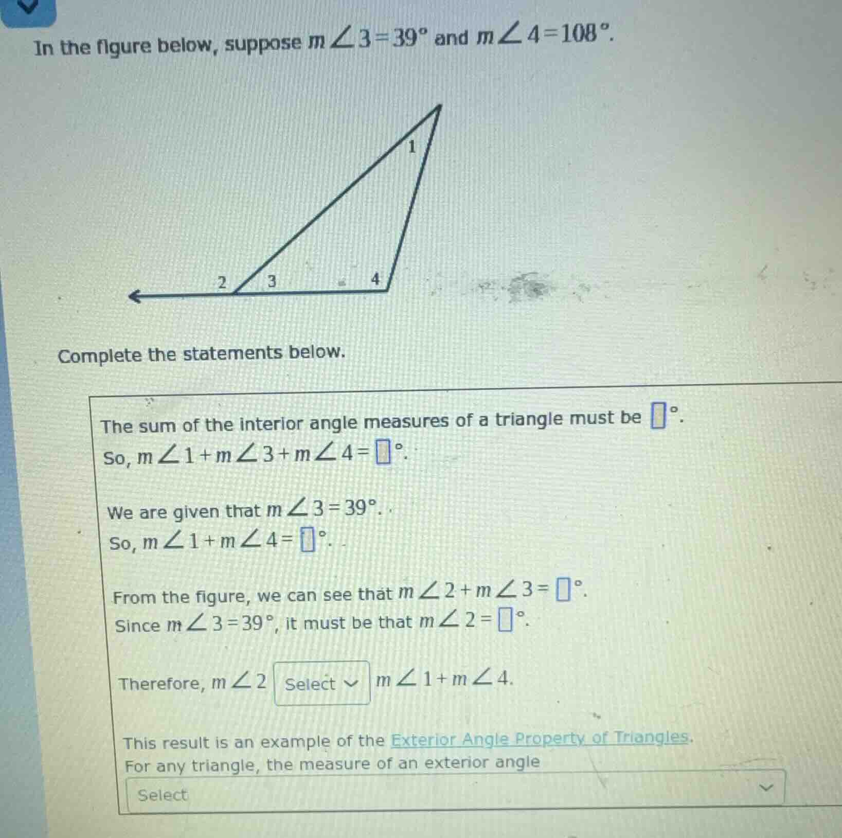 in the figure below, suppose ( mangle3 = 39^circ ) and ( mangle4 = 108^…