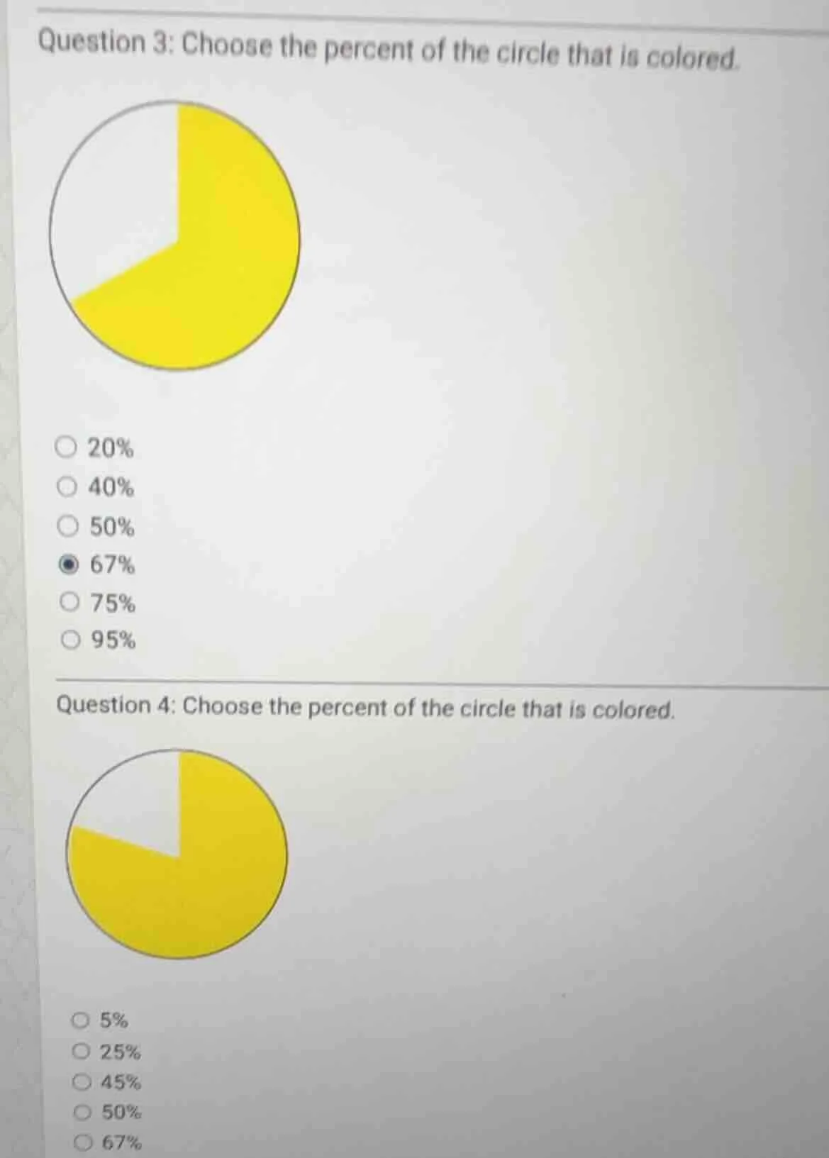 question 3: choose the percent of the circle that is colored. 20% 40% 5…