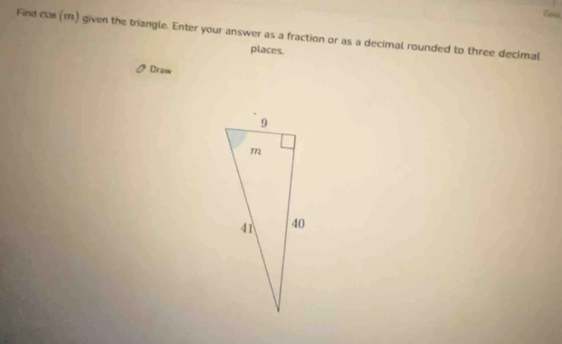 find cos(m) given the triangle. enter your answer as a fraction or as a…