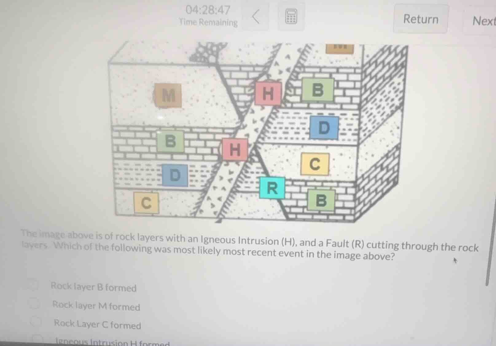 the image above is of rock layers with an igneous intrusion (h), and a …
