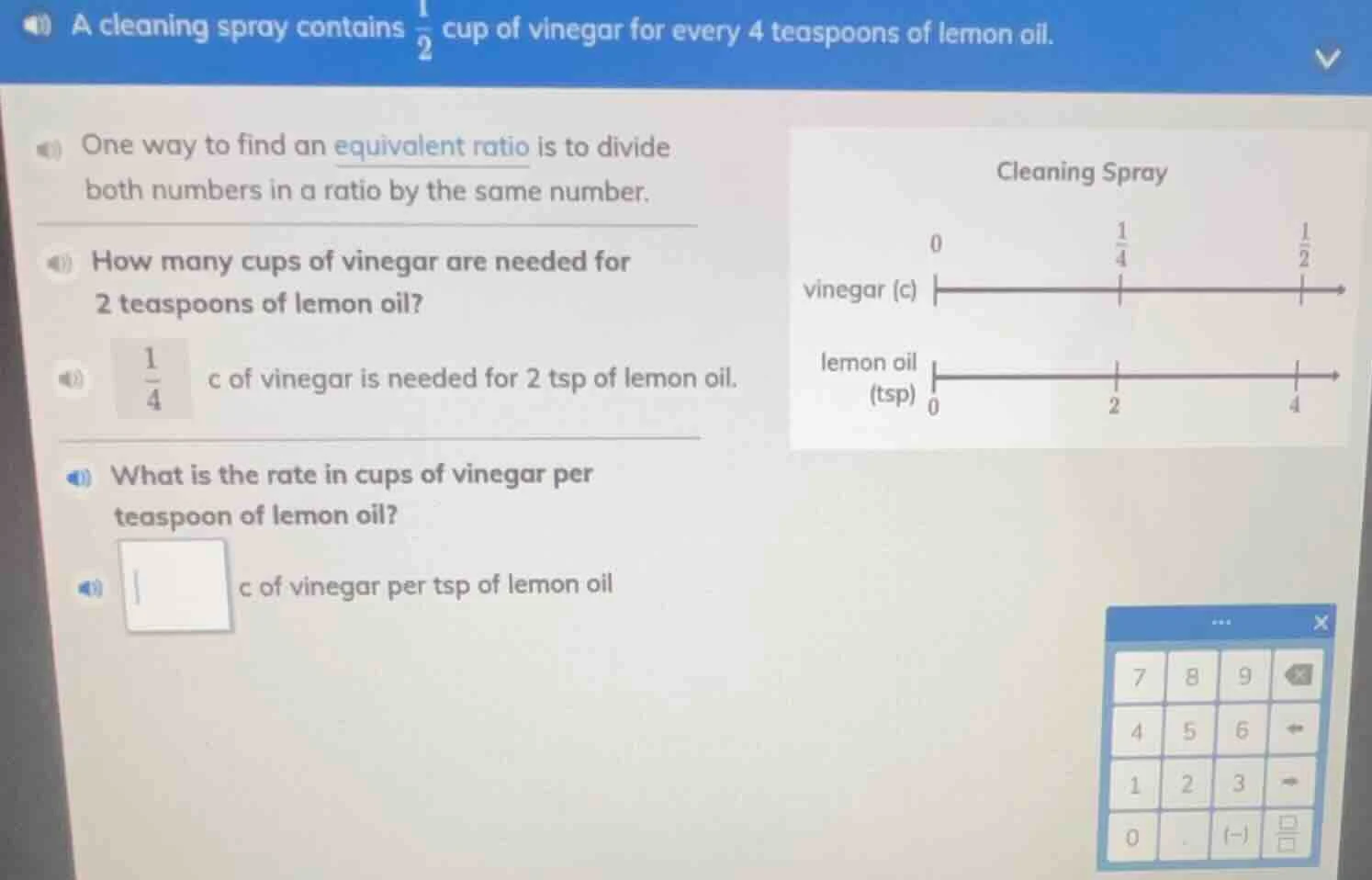 a cleaning spray contains \\(\\frac{1}{2}\\) cup of vinegar for every 4…