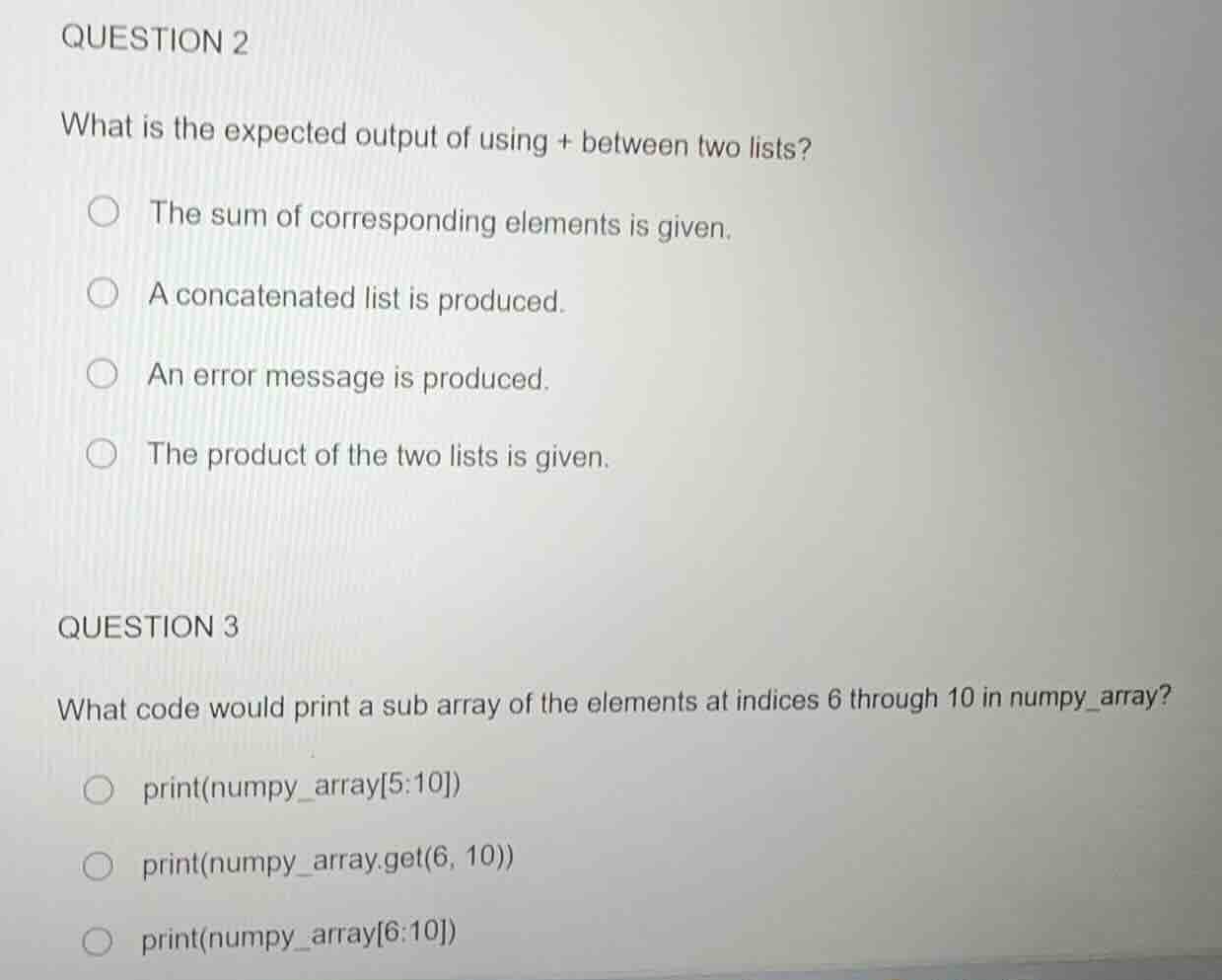 question 2 what is the expected output of using + between two lists? th…
